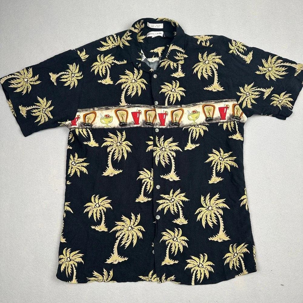 80s Vintage 100% Rayon Pierre Cardin Button Up Shirt Mens Medium Black Tropical - Picture 1 of 10